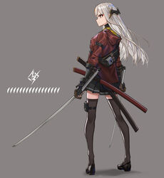  absurdres black_gloves braid chinese_commentary commentary dual_wielding female fingerless_gloves full_body gloves highres holding holding_sword holding_weapon jacket katana long_hair original pleated_skirt red_eyes saya_(scabbard) simple_background skirt solo sword thighhighs weapon white_hair wu_lun_wujin 