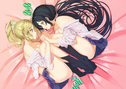  2girls aiueonesan_(umanaminoatama) ayase_eli bad_id bad_pixiv_id bed_sheet black_hair black_socks blonde_hair blue_skirt bow bowtie breasts cleavage collarbone eye_contact from_above green_bow green_bowtie green_eyes hair_between_eyes hair_ornament hair_scrunchie holding_hands interlocked_fingers kneehighs long_hair looking_at_another love_live! love_live!_school_idol_project medium_breasts miniskirt multiple_girls no_bra no_panties open_clothes open_shirt photoshop_(medium) pink_scrunchie pleated_skirt ponytail scrunchie shirt skirt smile socks striped_bow striped_bowtie striped_clothes tojo_nozomi unworn_bowtie very_long_hair white_scrunchie white_shirt yuri 