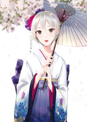  bad_id bad_pixiv_id blush brown_eyes earrings female furururu holding holding_umbrella idolmaster idolmaster_cinderella_girls japanese_clothes jewelry kimono lipstick looking_at_viewer makeup parasol parted_lips red_lips shiomi_syuko short_hair smile solo umbrella white_hair 