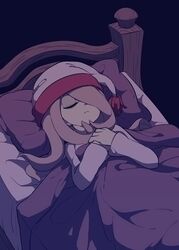  bed closed_eyes dark dress female hair_over_one_eye hat ica_tm little_witch_academia long_hair pale_skin pink_hair protected_link purple_hair simple_background sleeping solo sucy_manbavaran witch 