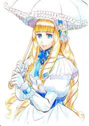  blonde_hair blue_eyes blunt_bangs bonnet commentary_request cosplay dianna_soreil dress drill_hair female flower gloves gundam kihel_heim kihel_heim_(cosplay) looking_at_viewer parasol simple_background sio2_(nisankakeiso) smile solo turn_a_gundam umbrella white_dress white_gloves 