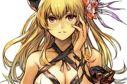  bare_shoulders bikini blonde_hair breasts brown_eyes cleavage commentary_request female flower granblue_fantasy hair_flower hair_ornament hair_ribbon hungry_clicker large_breasts long_hair official_alternate_costume parted_lips ribbon solo swimsuit vira_(granblue_fantasy) vira_(summer)_(granblue_fantasy) 