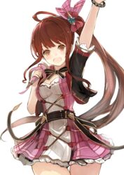  :d ahoge arm_up belt blush bow bracelet breasts brown_eyes brown_hair cleavage commentary_request cowboy_shot diantha_(granblue_fantasy) dress female frilled_dress frills granblue_fantasy hair_ornament highres holding holding_microphone jacket jewelry long_hair looking_at_viewer medium_breasts microphone neck_ribbon open_mouth ribbon short_sleeves side_ponytail simple_background smile solo white_background yukihiko_(tyabobo) 