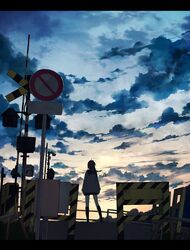  bad_id bad_pixiv_id barricade black_hair black_socks boom_barrier cardigan cloud day female floating_hair from_behind kneehighs letterboxed loafers long_hair no_entry_sign original outdoors pleated_skirt railing railroad_crossing road_sign sailor_collar shoes sign skirt sky socks solo standing tadano_tsukasa twilight wide_shot wind 