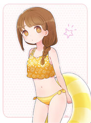  artist_name ayu_(mog) bikini braid brown_eyes brown_hair commentary_request female freckles innertube jyushimatsu&#039;s_girlfriend navel osomatsu-san osomatsu_(series) puckered_lips side-tie_bikini_bottom single_braid solo star_(symbol) striped_bikini striped_clothes swim_ring swimsuit tankini yellow_bikini 