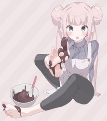  apron ashigei_shoujo_komura-san bane_(haibanemumi) barefoot blue_eyes blush bowl chocolate feet female hair_bun komurai_komura lavender_hair long_hair looking_at_viewer parted_lips soles toes 