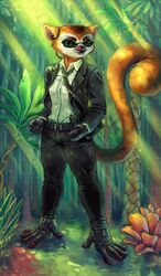  all_hail_king_julien anthro belt black_clothing bodyguard bottomwear clothed clothing clover_(madagascar) crowned_lemur dreamworks earpiece eyewear female forest fralea fur gloves green_eyes gun handgun handwear hi_res jungle leather lemur madagascar_(series) mammal necktie orange_body orange_fur pants peeking_fangs plant primate rainforest ranged_weapon smile smirk solo strepsirrhine suit sunglasses tree weapon 