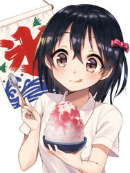  :q black_hair bow brown_eyes closed_mouth commentary_request female food hairbow holding holding_spoon original pink_bow shaved_ice shirt short_sleeves smile solo spoon tongue tongue_out upper_body warabimochi_kinako white_background white_shirt 