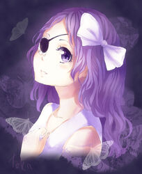  bad_id bad_pixiv_id blush bug butterfly chrome_dokuro dress eyepatch female hair_ribbon katekyo_hitman_reborn! long_hair looking_at_viewer one_eye_covered parted_bangs photoshop_(medium) purple_eyes purple_hair ribbon signature smile solo teka white_dress 