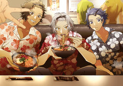  3boys bad_id bad_pixiv_id blue_eyes blue_hair bowl braid brown_hair chopsticks commentary_request couch eating enjoji_michiru food grin hair_ornament hair_tie hairclip hawaiian_shirt idolmaster idolmaster_side-m k-mica kizaki_ren looking_at_viewer male_focus multiple_boys noodles photoshop_(medium) ramen shirt sitting smile taiga_takeru tan the_kogado_(idolmaster) v wavy_hair whiteboard yellow_eyes 