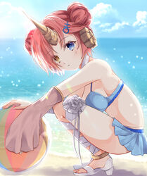  ball bandaged_arm bandages beach beachball bikini bikini_skirt blue_bikini blue_eyes blue_skirt blue_sky blush breasts closed_mouth cloud cloudy_sky commentary_request day detached_sleeves diffraction_spikes double_bun fate/apocrypha fate/grand_order fate_(series) female frankenstein&#039;s_monster_(fate) frankenstein&#039;s_monster_(swimsuit_saber)_(fate) frankenstein&#039;s_monster_(swimsuit_saber)_(second_ascension)_(fate) from_side hair_bun hair_ornament hair_over_one_eye heterochromia high_heels horns iroha_(shiki) large_breasts looking_at_viewer mechanical_horns ocean outdoors pink_arm_warmers sandals short_hair single_detached_sleeve single_horn skirt sky solo swimsuit white_footwear yellow_eyes 