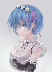  absurdres azomo black_ribbon blue_eyes blue_hair commentary detached_sleeves dress female grey_hair hair_ribbon highres lace-trimmed_sleeves lace_trim maid photoshop_(medium) pink_ribbon re:zero_kara_hajimeru_isekai_seikatsu rem_(re:zero) ribbon ribbon-trimmed_collar ribbon_trim roswaal_mansion_maid_uniform short_hair simple_background solo upper_body 