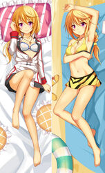  arm_up armpits barefoot bed_sheet bikini bikini_skirt blonde_hair blush bra braid braided_ponytail breasts charlotte_dunois cleavage collarbone commentary_request dakimakura_(medium) female frilled_pillow frills full_body hair_between_eyes hand_in_own_hair infinite_stratos innertube jacket jewelry long_hair looking_at_viewer lying medium_breasts multiple_views navel necklace on_back open_clothes open_jacket pillow purple_eyes single_braid smile striped_pillow swim_ring swimsuit underwear white_bra white_jacket yellow_bikini yuj_(moemarket) 