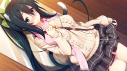  animal_ears aristear_remain astronauts astronauts_comet black_hair black_skirt black_thighhighs blush cat_ears cat_girl cat_tail closed_mouth female female frills game_cg green_eyes hair_ornament hairbow himeno_haruka kokusan_moyashi long_hair long_sleeves looking_at_viewer ponytail rozea scarf shy skirt solo tail thighhighs zettai_ryouiki 