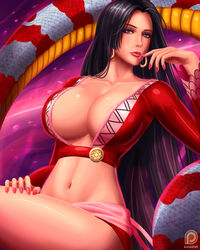  black_hair blue_eyes boa_hancock breasts center_opening cleavage closed_mouth collarbone commentary earrings english_commentary female finger_to_mouth hoop_earrings jewelry large_breasts long_hair long_sleeves looking_at_viewer midriff nail_polish navel one_piece patreon_logo patreon_username photoshop_(medium) red_nails salome_(one_piece) snake solo stomach svoidist very_long_hair watermark 