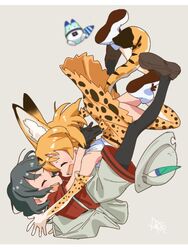  2girls :d ^_^ animal_ears backpack bag belt black_gloves black_hair black_pantyhose blonde_hair blurry closed_eyes depth_of_field elbow_gloves extra_ears gloves grey_background hat_feather high-waist_skirt hug kaban_(kemono_friends) kemono_friends lucky_beast_(kemono_friends) multicolored_clothes multicolored_gloves multicolored_legwear multiple_girls open_mouth orange_gloves orange_scarf orange_skirt pantyhose print_gloves print_skirt print_thighhighs protected_link red_shirt satou_asuka scarf serval_(kemono_friends) serval_print shirt short_sleeves shorts signature simple_background skirt sleeveless sleeveless_shirt smile striped_sleeves tail thighhighs unworn_headwear white_footwear white_gloves white_legwear 