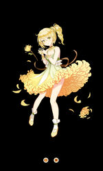  black_background blonde_hair breasts choker cleavage commentary_request cuisine_dimension cup dress female flower full_body highres holding holding_cup kibiko_(cheeks) petals photoshop_(medium) ponytail simple_background small_breasts socks solo standing white_socks wristband yellow_dress yellow_eyes yellow_flower yellow_footwear 