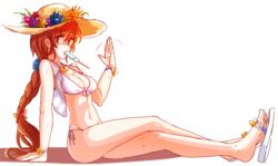  aduare arona_(crusaders_quest) bad_id bad_pixiv_id bikini bracelet braid breasts cleavage crossed_legs crusaders_quest female flip-flops food full_body hair_tie hat jewelry legs long_hair looking_at_viewer medium_breasts necklace on_ground orange_hair popsicle ribbon sandals side-tie_bikini_bottom simple_background sitting solo swimsuit white_background 