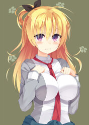  between_breasts black_ribbon blonde_hair blush breasts brown_background commentary_request east01_06 embarrassed eyebrows female hair_ribbon highres impossible_clothes impossible_shirt large_breasts lena_liechtenauer long_hair looking_at_viewer necktie purple_eyes ribbon senren_banka shirt solo 