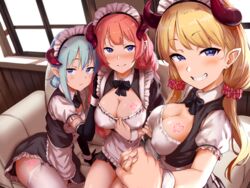  3girls aoi_tiduru apron black_bow black_dress blonde_hair blue_eyes blue_hair blush bow bowtie breasts chest_tattoo cleavage couch covered_nipples demon_girl demon_horns dress frills grin hair_bun heart heart_tattoo highres holding_hands horns large_breasts long_hair looking_at_viewer low_twintails maid maid_headdress multiple_girls non-web_source orange_hair original pointy_ears puffy_short_sleeves puffy_sleeves short_sleeves single_hair_bun sitting slit_pupils smile tattoo thighhighs twintails waist_apron white_thighhighs window wrist_cuffs 