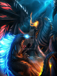  battle black_wings blue_eyes claws crossover deathwing dragon dragon_horns dragon_tail dragon_wings duel fighting fire ghostwalker2061 glowing glowing_eyes godzilla godzilla_(series) horns kaijuu large_wings monster no_humans orange_eyes sharp_teeth tail teeth warcraft wings world_of_warcraft 