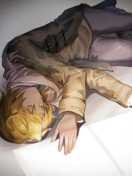  1boy black_neckwear blonde_hair commentary_request hatoful_kareshi highres indoors jacket long_sleeves lying male_focus nanaki_kazuaki on_side pants shadow simple_background sleeping solo sunlight twitter_username yororitutata 