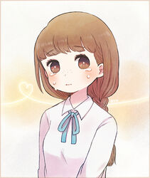  ayu_(mog) blush border braid brown_border brown_eyes brown_hair commentary_request crying crying_with_eyes_open duplicate female freckles heart heart_of_string jyushimatsu&#039;s_girlfriend osomatsu-san osomatsu_(series) single_braid solo tears upper_body 