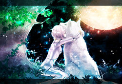  1boy animal animalization bodysuit cheza closed_eyes female from_behind fur hug kiba letterboxed moon nasu_achiko night outdoors pink_hair profile short_hair sitting wolf wolf&#039;s_rain 