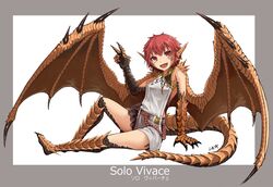  :d animal_ears animal_hands belt character_name commentary_request dragon_girl dragon_tail dragon_wings female hitokuirou horns jewelry looking_at_viewer monster_girl oerba_yun_fang open_mouth pendant pixiv_fantasia pixiv_fantasia_revenge_of_the_darkness red_eyes red_hair scales short_hair simple_background sitting slit_pupils smile solo solo_vivace_(hitokuirou) spikes tail v wings 