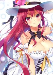  alternate_costume armlet bare_shoulders bow breasts cattleya_(flower_knight_girl) cleavage curly_hair dress female flower flower_knight_girl frilled_dress frills hand_on_headwear hat hat_flower kurot large_breasts long_hair protected_link red_eyes red_hair ribbon smile solo twitter_username white_dress yellow_ribbon 