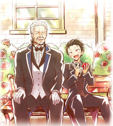  2boys :d apple beard bench black_hair blush butler buttons closed_eyes commentary_request facial_hair flower food formal fruit gaa_(butsugen) gloves holding holding_food holding_fruit knife long_sleeves male_focus moustache multiple_boys natsuki_subaru oerba_yun_fang old old_man open_mouth outdoors plant re:zero_kara_hajimeru_isekai_seikatsu rose short_hair sitting smile white_gloves white_hair wilhelm_(re:zero) window 