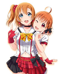  2girls :d ;d absurdres ahoge bad_id bad_pixiv_id black_bow black_choker blue_eyes blush bokura_wa_ima_no_naka_de bow bowtie braid breasts brown_hair choker collarbone earrings fingerless_gloves frilled_shirt_collar frilled_sleeves frills genki_zenkai_day!_day!_day! gloves hairbow half-skirt highres in-franchise_crossover jewelry kosaka_honoka large_breasts looking_at_viewer love_live! love_live!_school_idol_project love_live!_sunshine!! multicolored_clothes multicolored_skirt multiple_girls navel one_eye_closed one_side_up open_mouth orange_hair photoshop_(medium) pink_eyes puffy_short_sleeves puffy_sleeves red_gloves short_hair short_ponytail short_sleeves side_braid siokazunoko skirt smile striped_bow striped_bowtie striped_clothes takami_chika v w white_background yellow_bow yellow_bowtie 