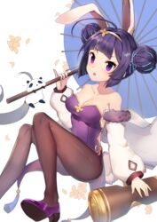  absurdres ahoge animal_ears azur_lane bada_(jksh5056) bare_shoulders blue_ribbon blue_umbrella breasts brown_hairband brown_pantyhose cleavage collarbone commentary_request double_bun female fur-trimmed_jacket fur_trim hair_bun hair_ribbon hairband high_heels highres holding holding_umbrella jacket leotard long_sleeves mallet medium_breasts ning_hai_(azur_lane) ning_hai_(moon_palace_rabbit)_(azur_lane) off_shoulder official_alternate_costume oil-paper_umbrella panda panties pantyhose parted_lips pelvic_curtain pinky_out playboy_bunny puffy_long_sleeves puffy_sleeves purple_eyes purple_footwear purple_hair purple_leotard rabbit_ears ribbon round_teeth shoes solo strapless strapless_leotard teeth umbrella underwear upper_teeth_only v-shaped_eyebrows white_background white_jacket 