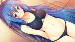  ahoge aristear_remain arms_behind_back astronauts astronauts_comet bare_shoulders blue_eyes blue_hair blush closed_mouth collarbone erect_nipples female female furukawa_mai game_cg hairclip kokusan_moyashi long_hair looking_at_viewer midriff navel rozea shy solo standing swimsuit very_long_hair 