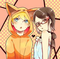  1boy :o animal_costume bare_shoulders blonde_hair blue_eyes blush boruto:_naruto_next_generations brown_eyes brown_hair brown_scarf dress facial_mark female fox_costume glasses hair_ornament heart hood hood_up leaf_hair_ornament looking_at_viewer looking_away looking_up mizuto_(o96ap) naruto naruto_(series) open_mouth polka_dot red-framed_eyewear scarf short_hair sleeveless sleeveless_dress third-party_source uchiha_sarada upper_body uzumaki_boruto v-shaped_eyebrows whisker_markings 