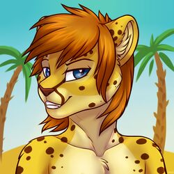  1:1 anthro blue_eyes brown_hair cheetah digital_media_(artwork) ear_tuft felid feline fur hair icon kellwolfik male mammal markings multicolored_body multicolored_fur palm_tree plant seaside shaded solo spots spotted_body spotted_fur teeth tree tuft two_tone_body two_tone_fur yellow_body yellow_fur 