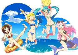  4girls aqua_hair ball barefoot beachball bikini blonde_hair blue_eyes brown_hair closed_eyes commentary_request eyewear_on_head fuusen_neko green_eyes hatsune_miku inflatable_dolphin inflatable_toy innertube jumping kagamine_rin long_hair megurine_luka meiko_(vocaloid) multiple_girls photoshop_(medium) pink_hair red_eyes riding scrunchie short_hair sunglasses swim_ring swimsuit twintails vocaloid water 