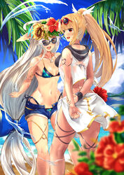  2girls ;d ahoge armlet bare_shoulders beach bikini bikini_under_clothes blonde_hair blue-framed_eyewear blue_shorts blue_sky blurry blurry_foreground blush body_chain breasts cloud commentary_request day denim denim_shorts depth_of_field face-to-face flower hat hibiscus highleg highleg_bikini highres hood hood_down jewelry long_hair looking_back low-tied_long_hair midriff multiple_girls nanaly_(sennen_sensou_aigis) navel necklace ocean one_eye_closed open_clothes open_fly open_mouth open_shorts outdoors palm_tree panda_inu patel_(sennen_sensou_aigis) ponytail red_eyes seashell see-through sennen_sensou_aigis shell short_shorts shorts side-tie_bikini_bottom sky small_breasts smile standing sun_hat sunglasses sweatdrop swimsuit tree tropical unbuttoned unzipped very_long_hair water white_hair wristband 