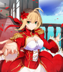  ahoge blonde_hair blurry breasts cleavage commentary_request corset epaulettes fate/extra fate_(series) female flower green_eyes hair_flower hair_ornament highres large_breasts looking_at_viewer nero_claudius_(fate) nero_claudius_(fate/extra) ocean petals photoshop_(medium) short_hair smile solo vane_(vane0) 