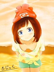  arms_behind_back artist_signature blue_eyes breasts brown_hair cleavage downblouse female hat leaning_forward logic_ils looking_at_viewer medium_breasts mizuki_(pokemon_sm) nintendo no_bra pokemon pokemon_(game) pokemon_sm short_hair shorts smile solo text translation_request water 