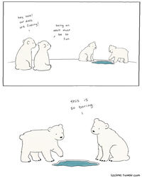  4:5 absurd_res age_difference ambiguous_gender bear command command_to_look dialogue english_text father_(lore) feral fur group hi_res humor liz_climo mammal parent_(lore) polar_bear son_(lore) talking_to_another text the_truth url ursine water white_body white_fur young young_ambiguous young_feral 