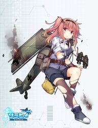  :d ace_virgin belt binoculars commentary damaged female fi_156 fi_156_(ace_virgin) fingerless_gloves fire gloves hair_ornament hair_tubes hairband legs_together looking_at_viewer mecha_musume open_mouth pink_eyes pink_hair pouch propeller_hair_ornament shenbei_xiaoqiu shirt shorts side_ponytail smile solo thighhighs torn_clothes torn_thighhighs wings 