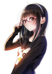  adjusting_eyewear blush commentary_request female glasses hairband highres kentaurosu long_hair long_sleeves looking_at_viewer matsuno_chiya original red-framed_eyewear shirt simple_background smile solo t-shirt upper_body white_background 