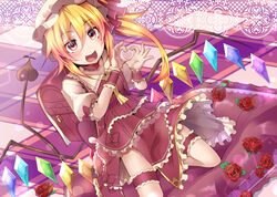  4-fingers_heart_hands adapted_costume backpack bag blonde_hair bridal_garter checkered_floor commentary_request crystal dress female flandre_scarlet flower hair_between_eyes hat heart heart_hands heart_in_heart_hands highres looking_at_viewer mob_cap oerba_yun_fang open_mouth puffy_short_sleeves puffy_sleeves rando_seru randoseru red_dress red_eyes red_flower red_rose rose shirt short_sleeves solo touhou vampire white_shirt wings wrist_cuffs 