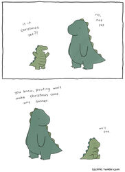  absurd_res age_difference ambiguous_gender anthro christmas dinosaur duo english_text extinct father_(lore) hi_res holidays humor liz_climo parent_(lore) prehistoric_species reptile scalie son_(lore) text url young young_ambiguous young_anthro 