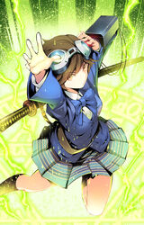  blazer brown_eyes brown_hair commentary_request female goggles goggles_on_head highres jacket karukozaka_high_school_uniform ryouku school_uniform shin_megami_tensei shin_megami_tensei:_if... short_hair solo sword uchida_tamaki weapon 