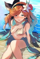  bad_id bad_twitter_id bow covering_breasts covering_privates female flower granblue_fantasy green_eyes hair_flower hair_ornament hair_ribbon hairband hairbow long_hair orange_hair partially_submerged ribbon sara_(granblue_fantasy) solo ultone_(neisiss) 