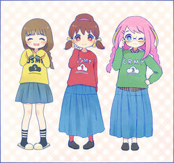  3girls adjusting_eyewear ayu_(mog) blonde_hair braid brown_eyes brown_hair closed_eyes commentary_request freckles glasses hair_ribbon hand_on_own_hip hashimoto_nyaa jyushimatsu&#039;s_girlfriend long_skirt multicolored_hair multiple_girls one_eye_closed open_mouth osomatsu-san osomatsu_(series) pink_hair pleated_skirt ribbon single_braid skirt sleeves_past_wrists slippers smile socks sweater twin_braids twintails two-tone_hair yowai_totoko 