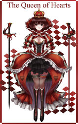  absurdres alice_in_wonderland bad_artstation_id bad_id black_eyes black_footwear boots breasts brown_hair character_name cleavage closed_mouth female fishnets heart heterochromia highres knee_boots large_breasts looking_at_viewer photoshop_(medium) queen_of_hearts_(alice_in_wonderland) red_eyes seungju_lee solo supportasse sword thighhighs weapon 