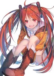  absurdres aihara_enju black_bullet boots commentary female hair_ornament highres hikari50503 jacket long_hair looking_at_viewer open_mouth orange_hair red_eyes sitting smile solo twintails white_background 